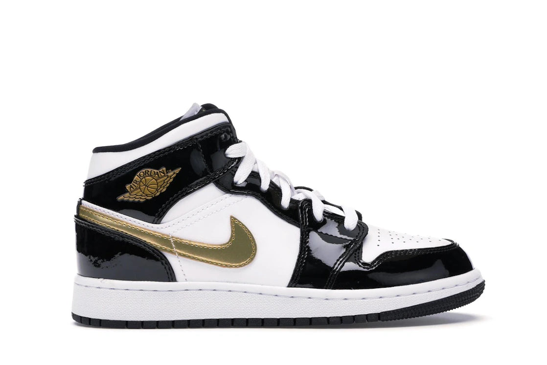 Jordan 1 Mid Patent Black White Gold (GS)