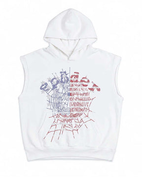 Sp5der Rhinestone OG Web Sleeveless Hoodie White